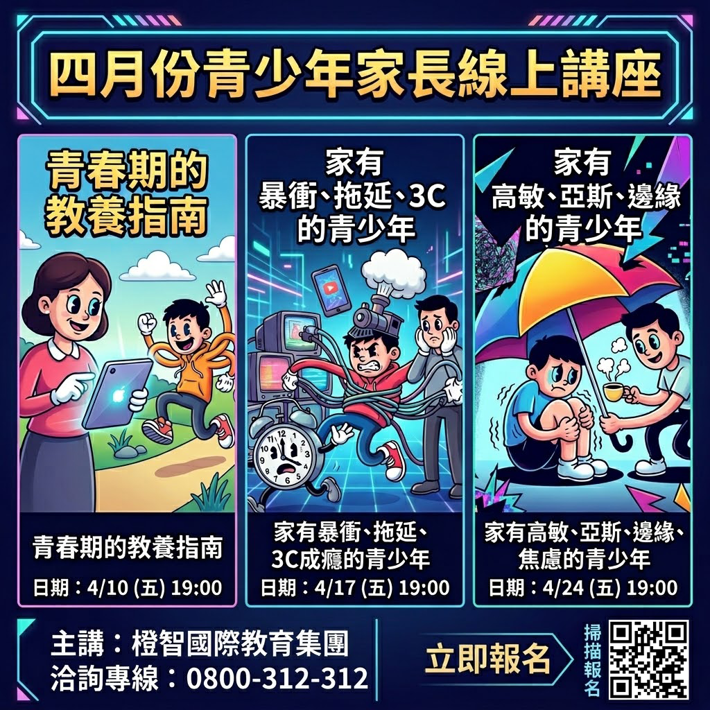 橙智〔青少年家長線上講座〕情緒、人際、學業主題，歡迎線上報名